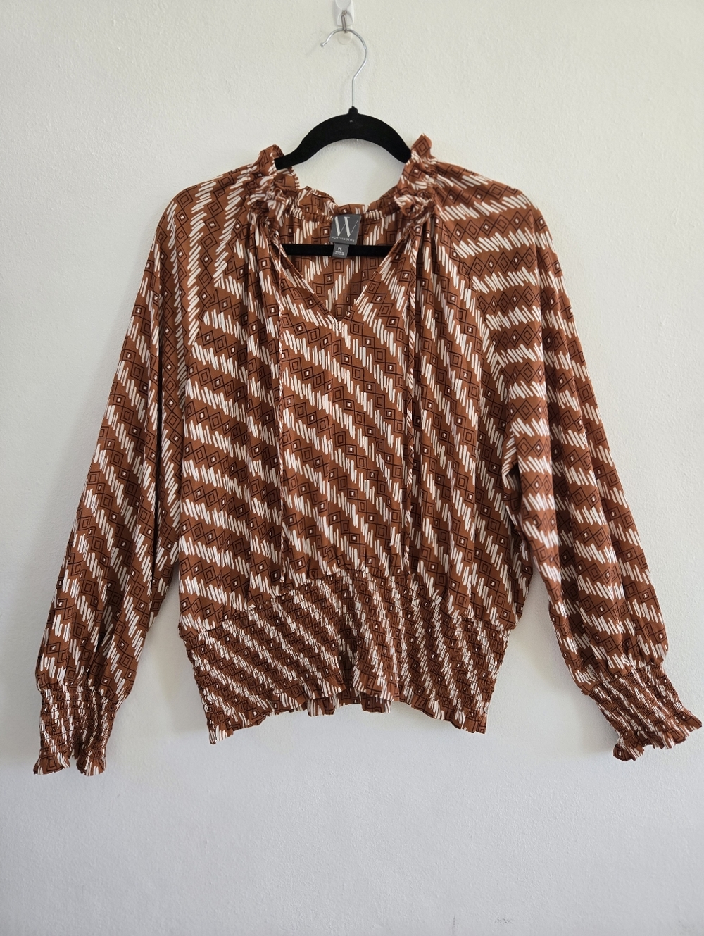 W by Worthington  Rust and Ivory Geometric Peasant Blouse Size PL